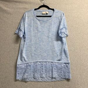Chicos short sleeve top round neck lace detail womens size 1 / medium light blue
